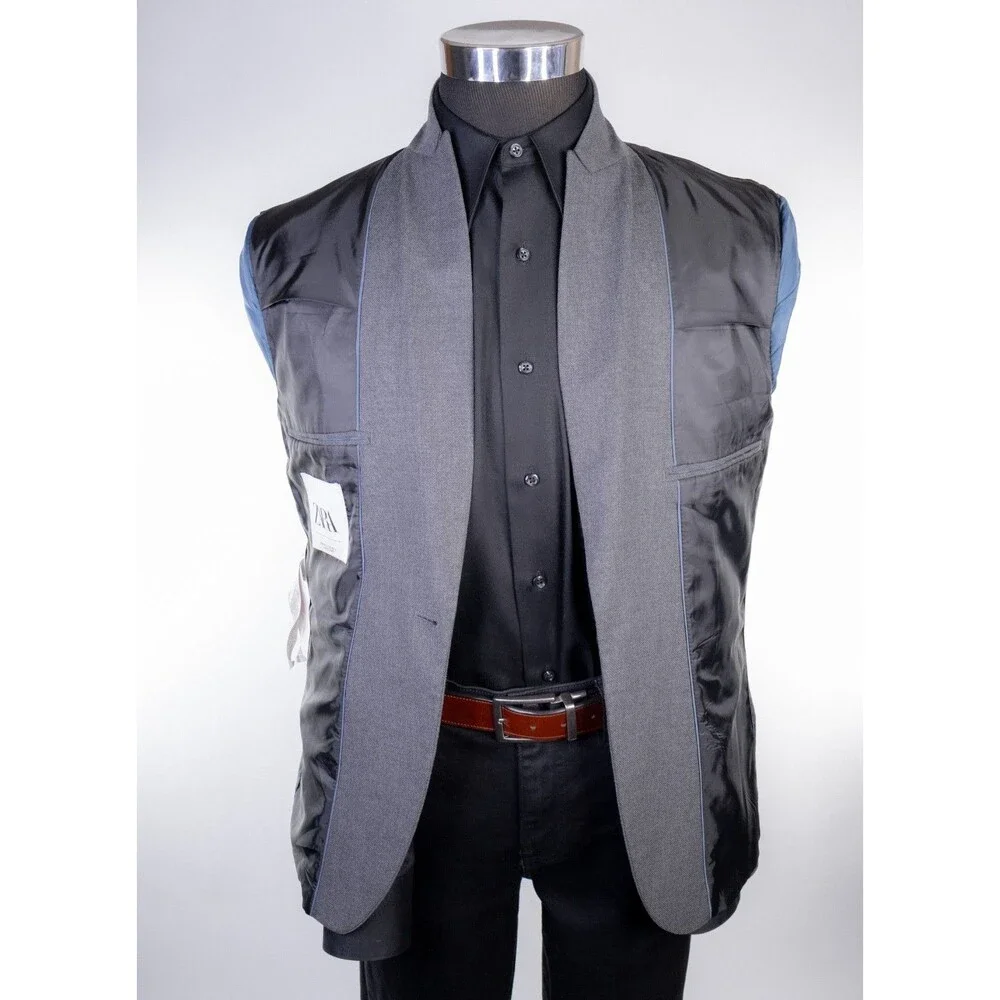 Zara Bazer Mens Sz 38 Solid Gray One Button Sport Coat Jacket Blazer Poly Blend